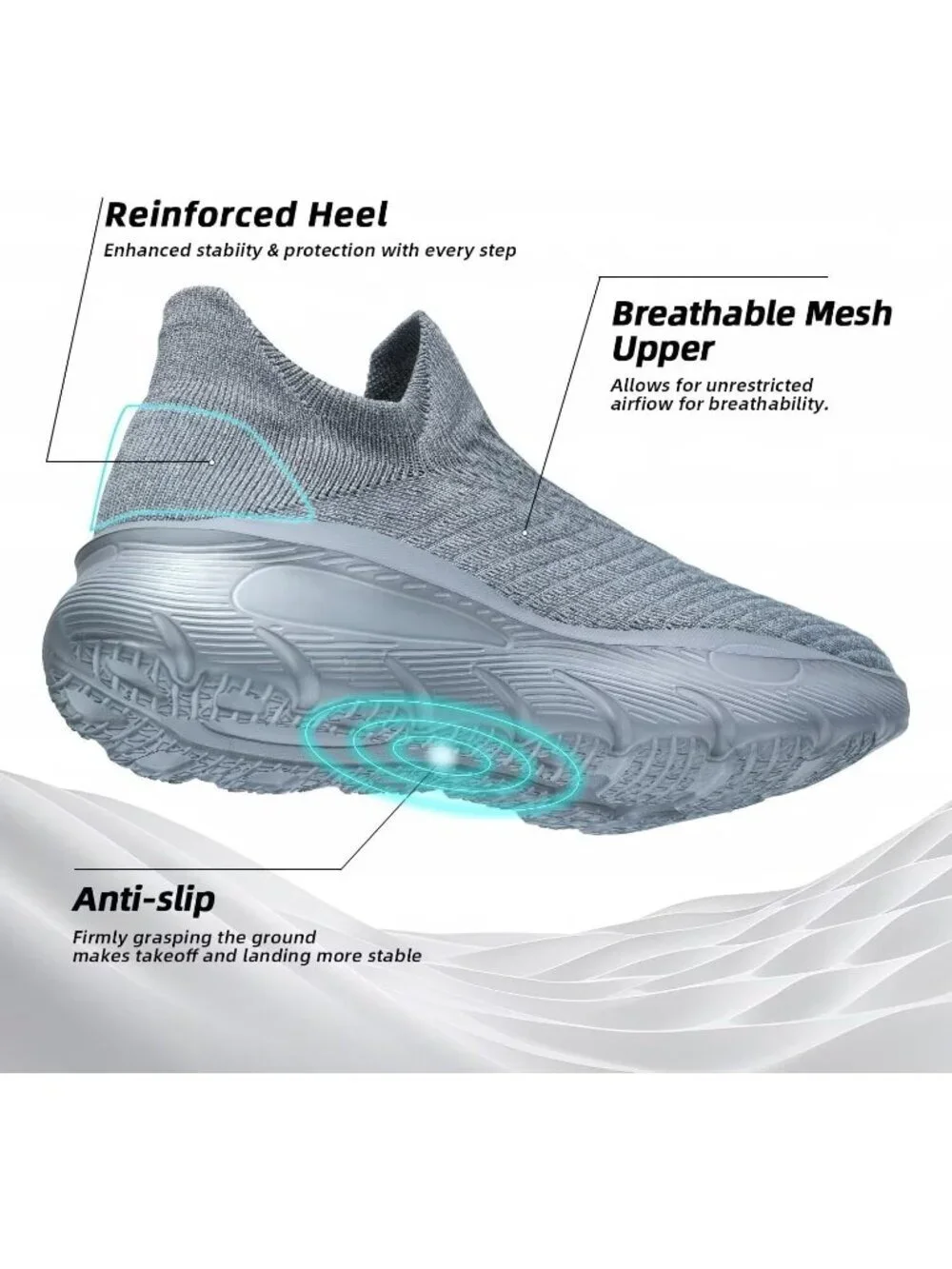 Men's Grey Slip On Walking Shoes Running Comfortable Tennis Breathable Sneakers